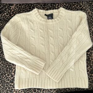 THEORY CROPPED CABLE KNIT BOILED WOOL CREWNECK CREAM SZ SML